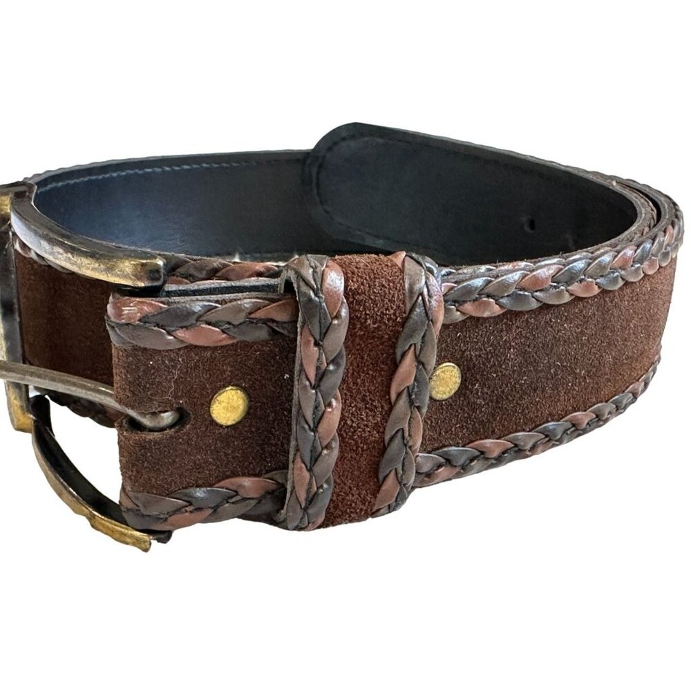 Women’s Brown Suede Braided Edge Belt with Antique Brass Buckle